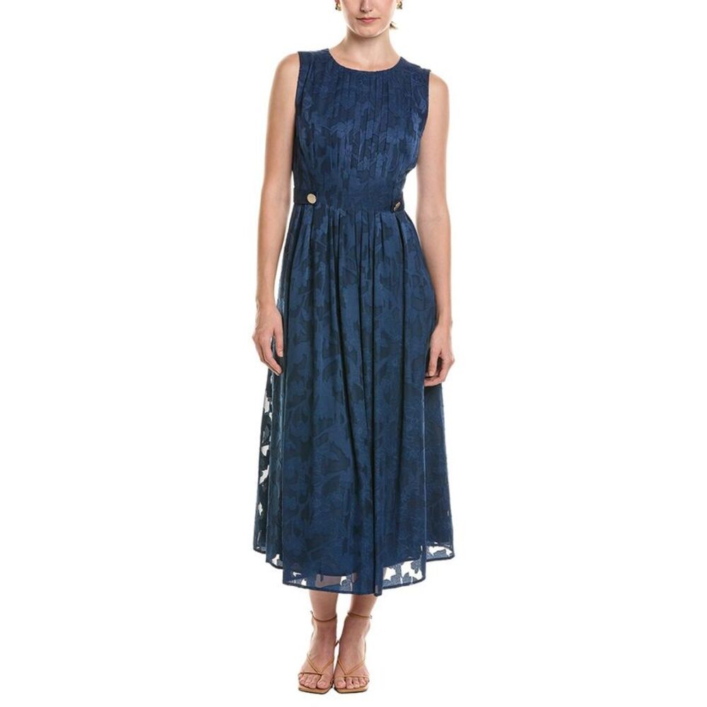 Anne Klein Womens  Pleated Neckline A-Line Midi Dress, Blue